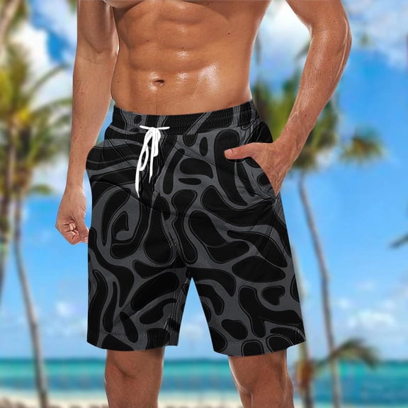 Men's Swim Trunks Athletic Hawaii Bathing Quick Dry Drawstring Elastic Waisted Beach Shorts with Pockets Black 2 3XL