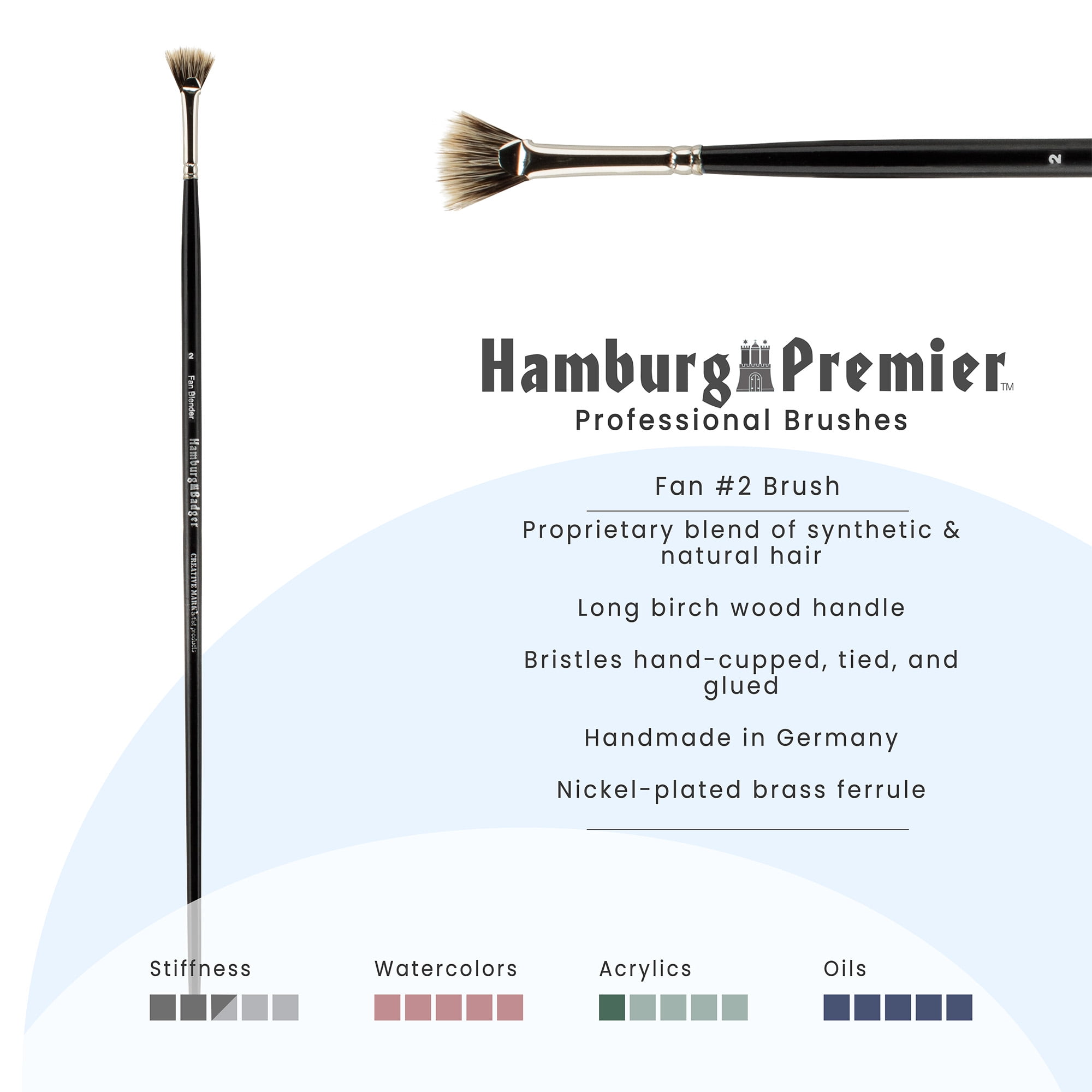 Creative Mark Hamburg Premiere Professional Oil Painting Brushes - Fan #2 Oil Paint Brush - Handmade in Germany, Natural & Synthetic Hair Blend, Long Triple-Lacquered Birch Handle