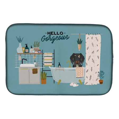 Dapple Wire Haired Dachshund in Bathtub Dish Drying Mat