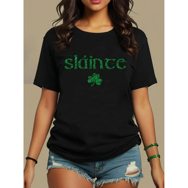 A Women'S Casual Round-Neck St. Patrick'S Day T-Shirt Featuring Green Lettering with a Shamrock Design, Short Sleeves, Machine Washable, Suitable for All Seasons, And a Regular Fit.Father's Day, Mot