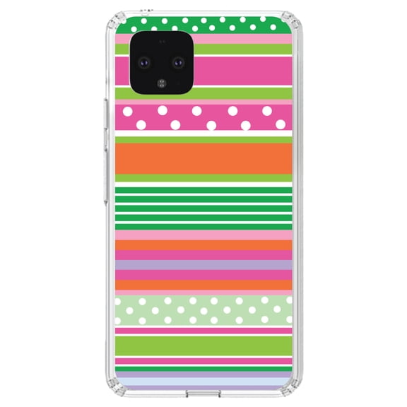 DistinctInk Clear Shockproof Hybrid Case for Google Pixel 4 (5.7" Screen) - TPU Bumper, Acrylic Back, Tempered Glass Screen Protector - Green Pink White Stripes Polka Dots