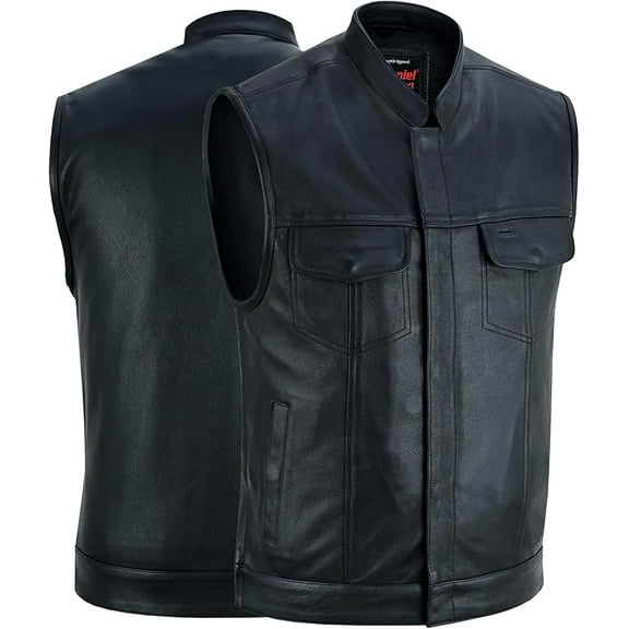 Daniel Smart Men's Motorcycle Vest – No-Collar Leather Biker Vest in Naked Cowhide with Pockets, YKK Zipper, Side Zips & Patch-Ready Back