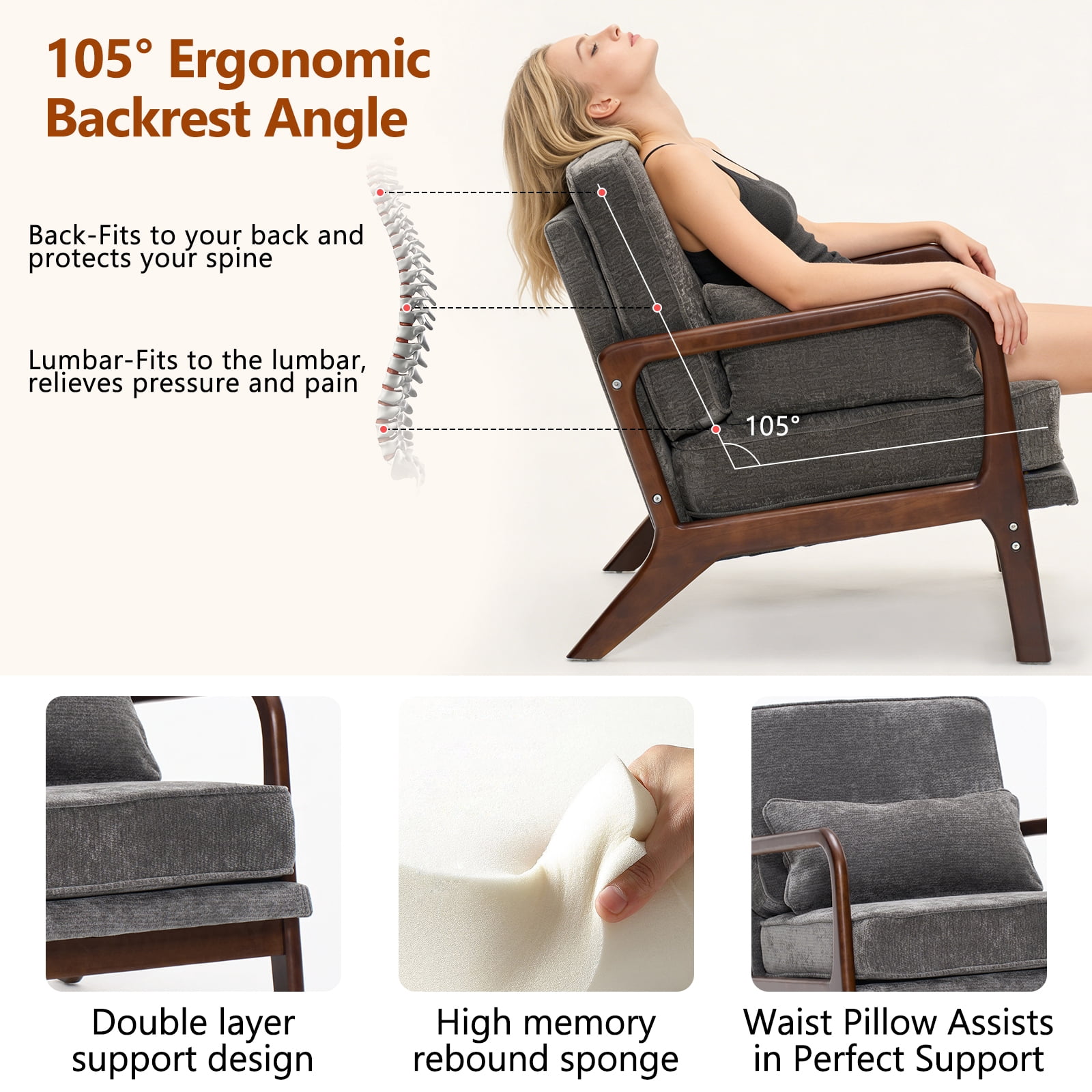 Leumius Modern Accent Chair,Mid-Century Single Upholstered Living Room Chair with Curved Wood Armrests and Lumbar Cushion for Living Room,Bedroom,Dark Grey