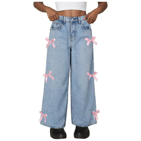 GXWEA Baggy Pants For Girls Clothes With Bows Girls Jeans Wide Leg Baggy Pants High Elastic Waisted Cute Bow Trousers Kids Streetwear Blue 7-8 Years