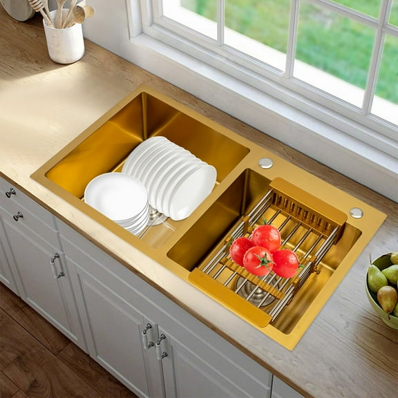 Gold Rectangular Stainless Steel Undermount Kitchen Sink, 80*45 cm Stainless Steel Kitchen Sink 2 Bowls 198.42 lbs Capacity Used in Kitchens, Bathrooms, Restaurants