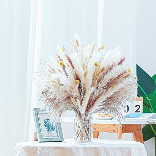 100PCS Dried Pampas Grass Bouquet, 17.5 Inch Fluffy Boho Decor, Natural Dried Flowers for Wedding Centerpieces, Home Floral Arrangements, and Party Table Decorations