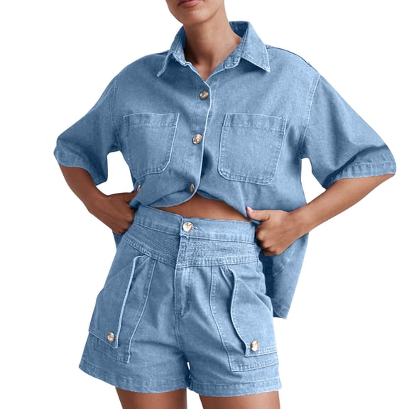 Lindreshi Denim Sets for Women 2 Piece Outfits Lounge Set Lapel Pockets Short Sleeve and Shorts Fashion Casual Two Piece Set Sweatsuits