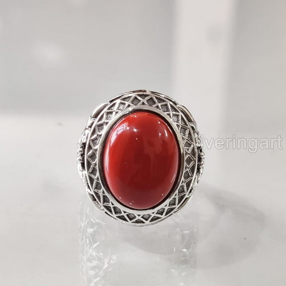 Coral Mans Ring, Natural Red Coral Ring, Unisex Ring, Silver Jewelry, 925 Silver Ring, Birthday Gift, Heavy Mens Ring, Arabic Design, Ottoman Style Ring, Christmas, Turkey Mens Signet Ring