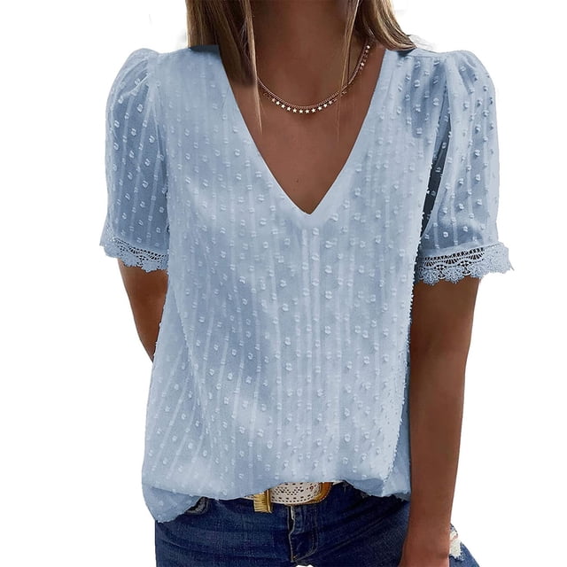 Pntutb moda mujer Casual sólido manga corta cuello en V encaje camiseta blusa tops Pntutb Pntutb-1431
