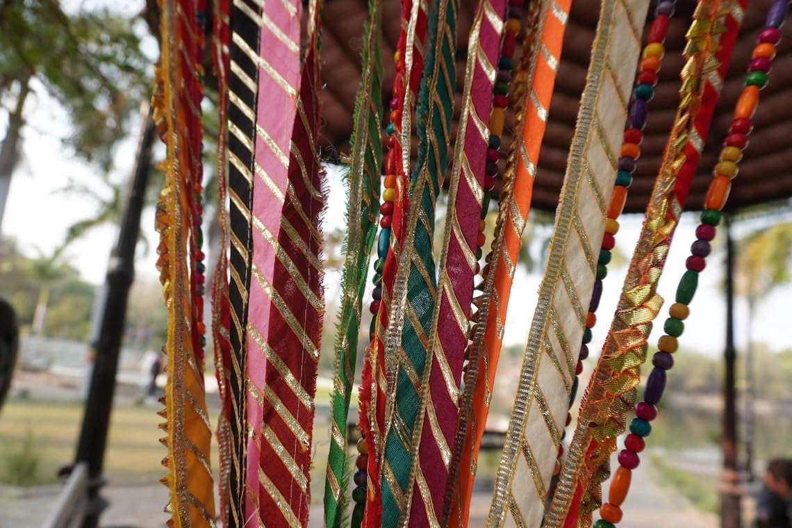 Handmade Rainbow Rag Curtain: Hippie Boho Door Divider, Beaded Decor