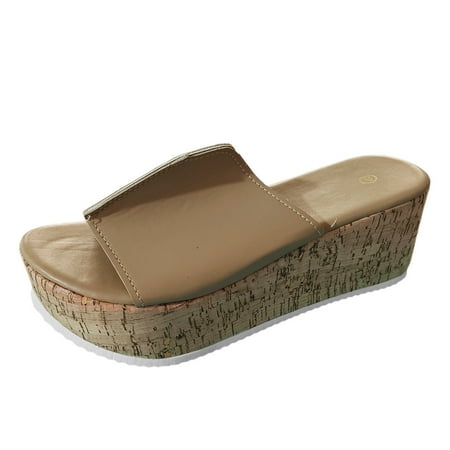

QYZEU Vacation Sandals for Women Solid Color Slippers Fashion Leather Open Toe Thick Bottom Slope Heel Slippers Flat Causal Breathable Lightweight Sandals Khaki 37