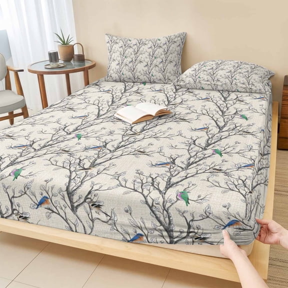 Full Size Fitted Sheet Set - Natural Trees 3 Piece Bedding Sets 16" Deep Pocket Fitted Sheet with 2 Pillowcases Colored Birds on Branches Retro Rustic Brushed Microfiber Hotel Luxury Bed Sheets