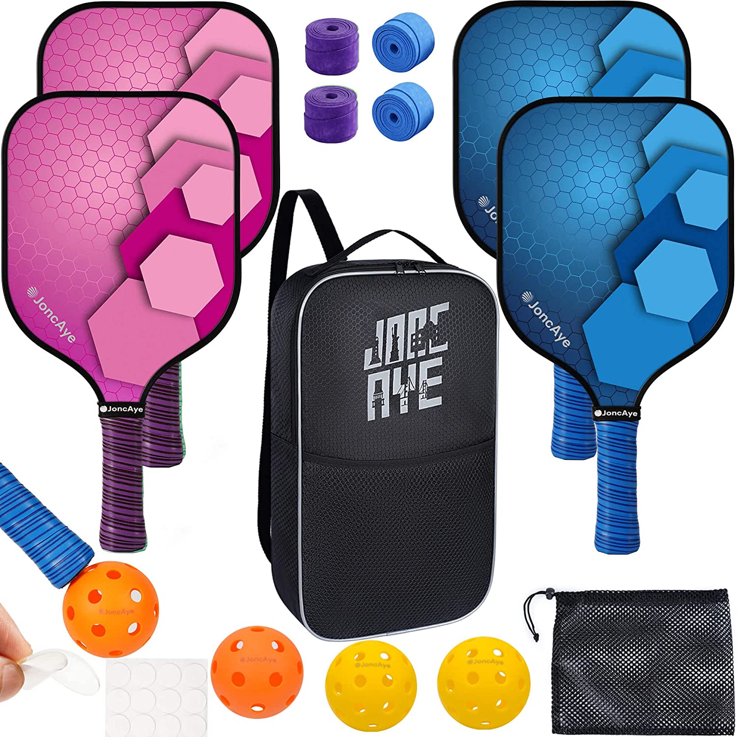 Pickleball Set of 4 Paddles and Balls, JoncAye Lightweight Rackets with Racquet Bag, Grip Tapes