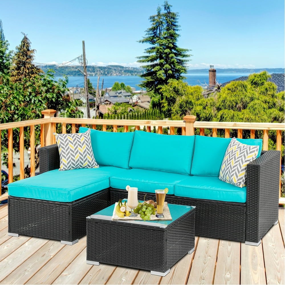 Jamfly 3 Piece Blue Outdoor Furniture Sectional Sofa Patio Set with ...