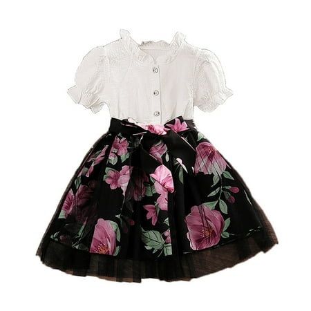 

Godderr Toddler Girls Princess Skirt Lace Short Sleeve Stitching Mesh Gauze Print Dress Black 4-7Y