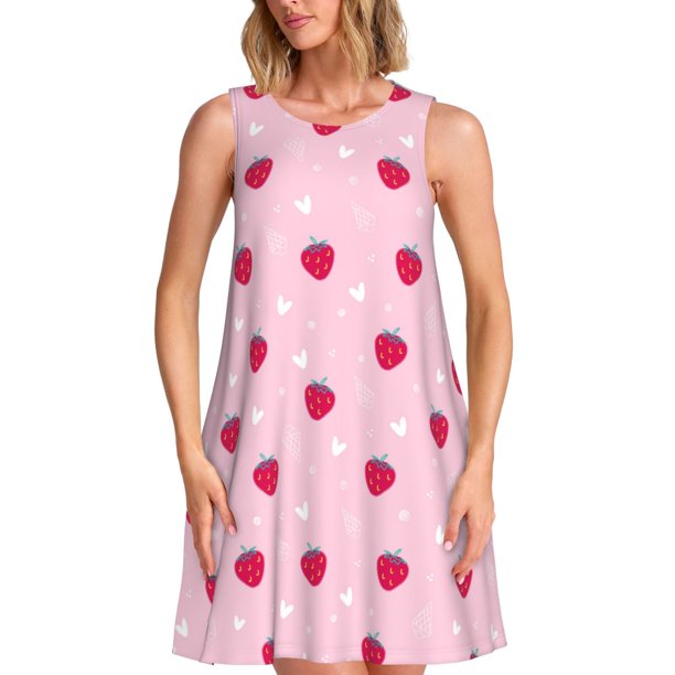 Balery Strawberry And Heart Vestidos de verano para mujer con estampado: vestido holgado sin mangas, vestido playero informal y cómodo para días calurosos.