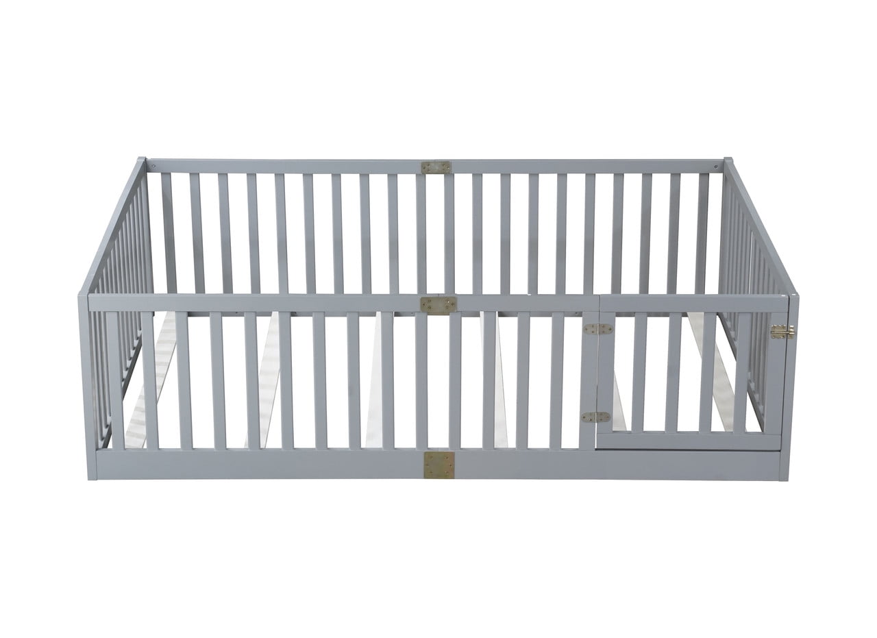 Mirightone Full Size Floor Bed, Wood Montessori Floor Beds with High Fence Railings, Door & Slats Support, Full Playhouse Bed Frame, No Box Spring Needed, Grey