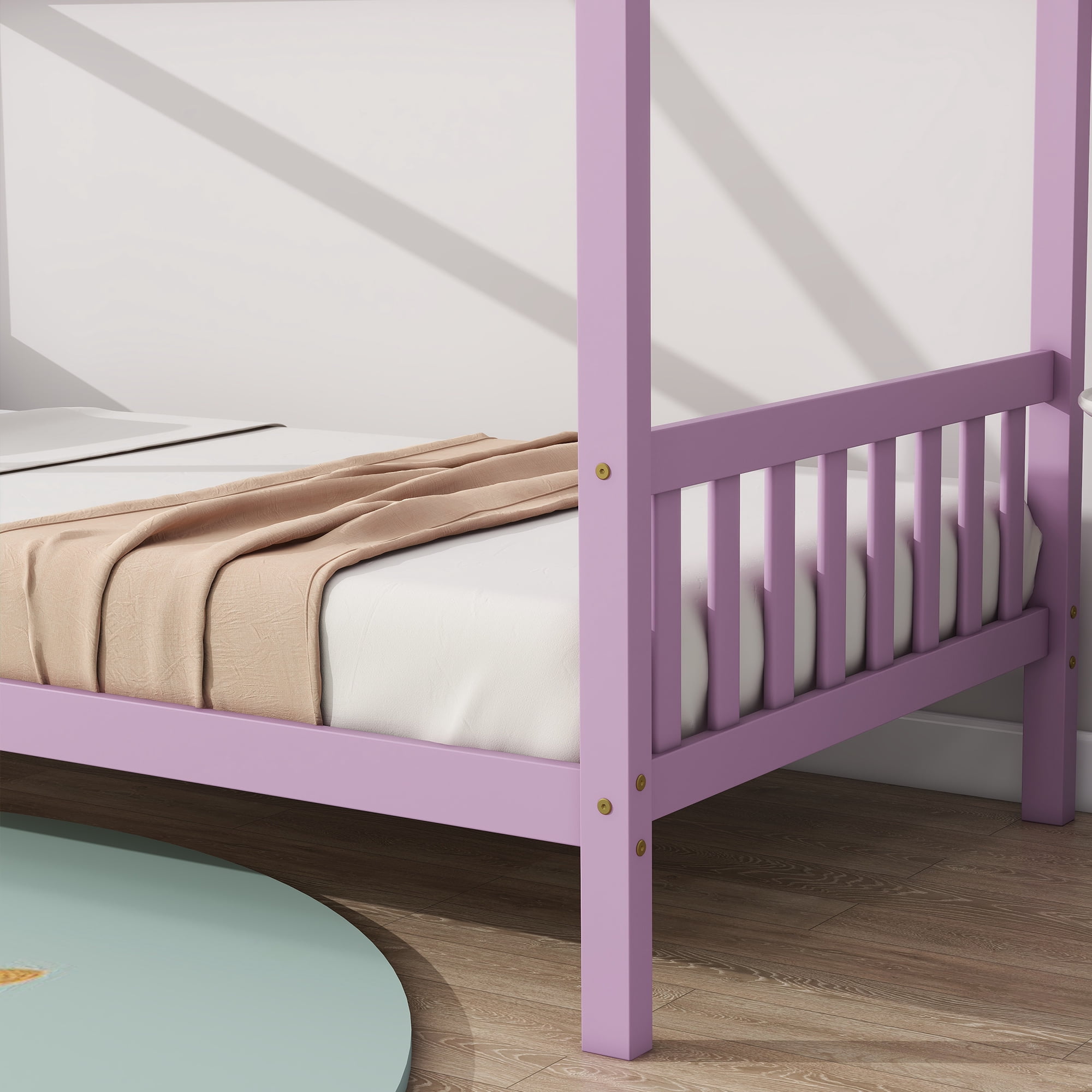 Miniyam Wood Twin Size Bed with House-shaped Design for Kids and Teens, Pink