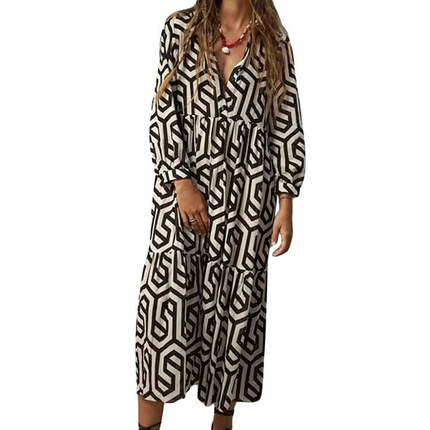 Lucakuins, vestido camisero de manga larga para mujer, estampado geométrico, informal, suelto, acampanado, vestido de fiesta para playa, cóctel, Club, ropa de calle Lucakuins moda