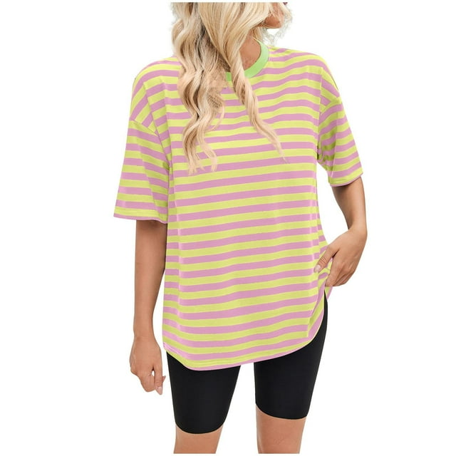 Pisexur Hauts de Printemps pour Femmes 2025, Hauts pour Femmes, Hauts pour Dames 100 % Coton, Haut Décontracté à Manches Courtes Imprimé Rayé Col Rond Mode Jaune, G