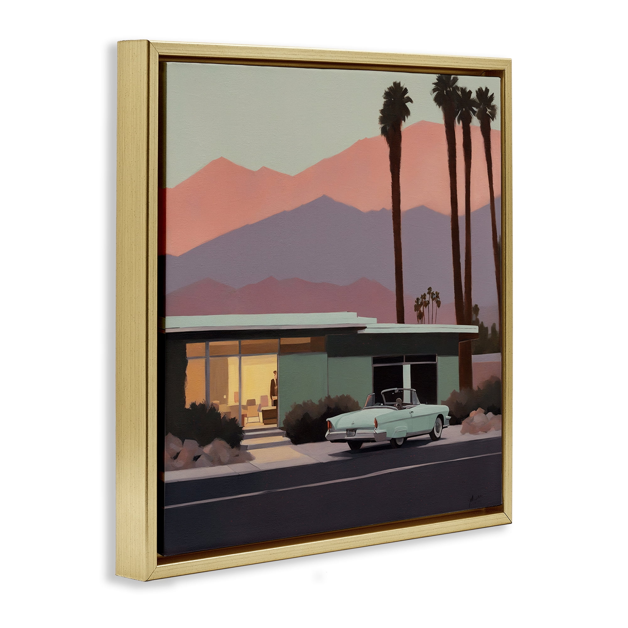Stupell Industries Tropical House & Car Transportation Painting Gold Floater Framed Canvas Art Print Wall Art, 18 x 18