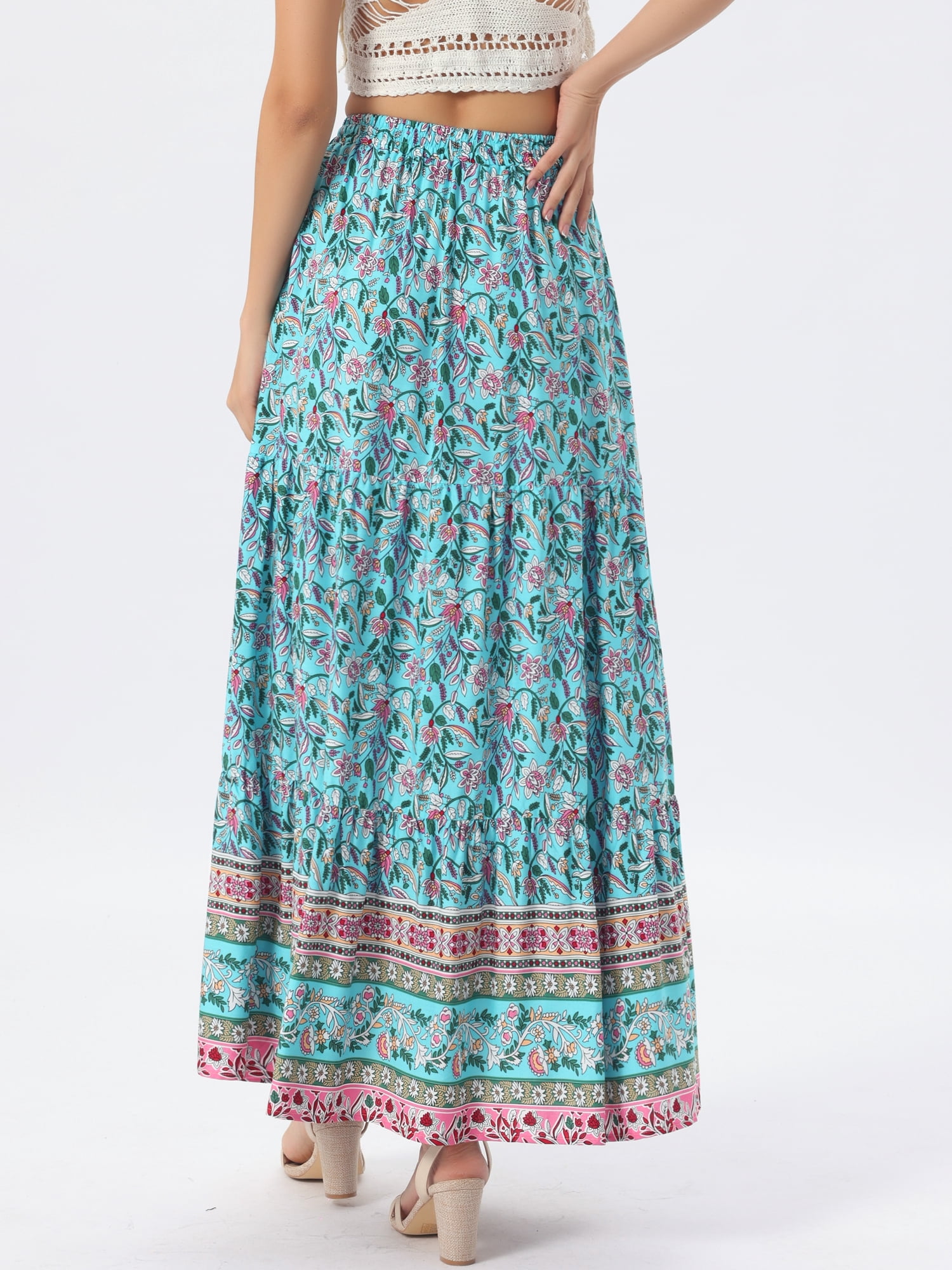 DARING DIVA Women's Boho Flare Floral Skirt Medium Turquoise Blue