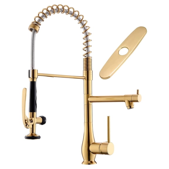 Kitchen Faucet with Pull Down Sprayer Commercial Style Single Handle High Pressure Double-Headed Two Independent Nozzles Gold Brushed