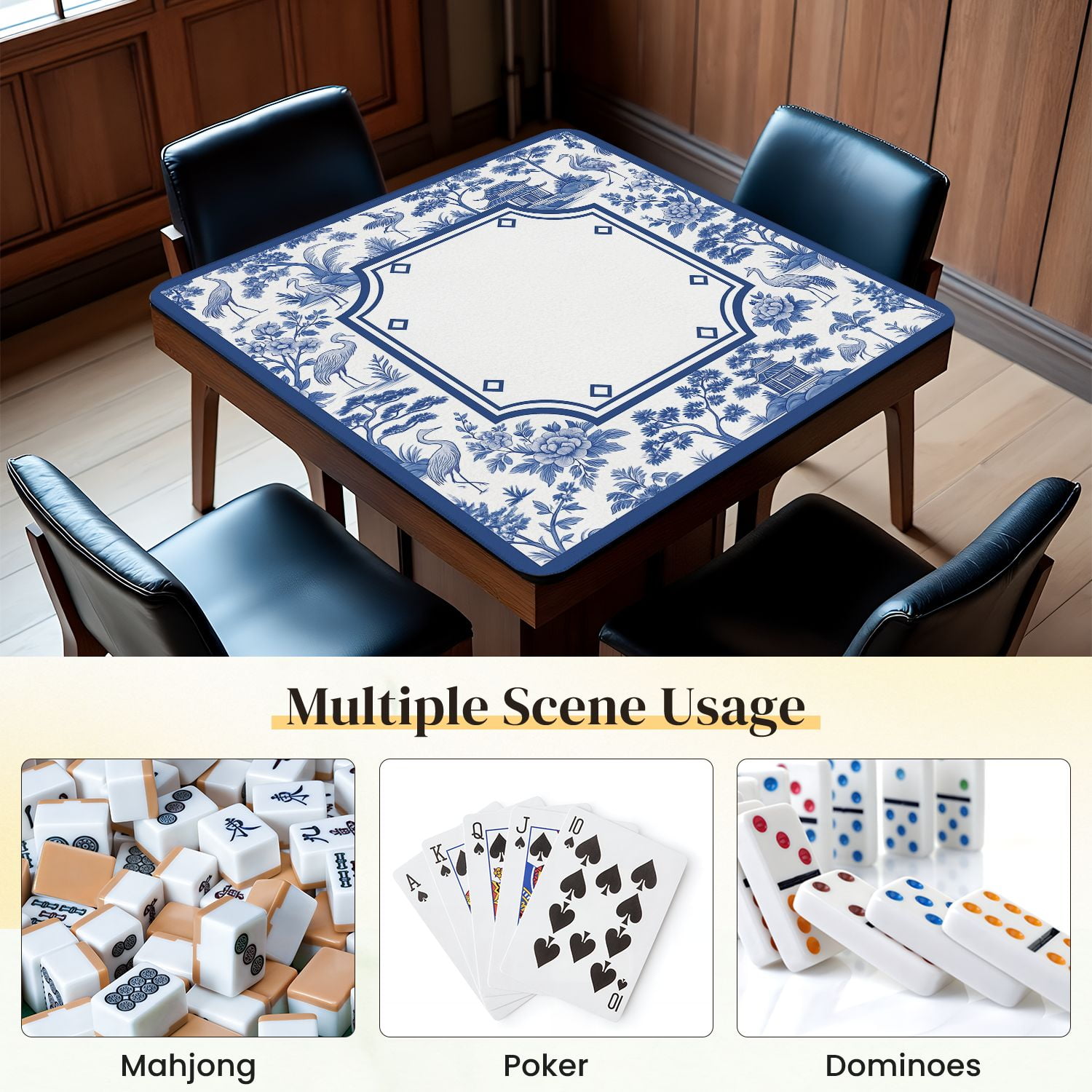 Mahjong Mat 31.5" x 31.5" Blue White Floral Crane Oriental Pavilion Anti-Slip and Noise Reduction Symmetry Design Mahjong Tiles Table Cover for Dominoes Poker Card Board and Tile Games