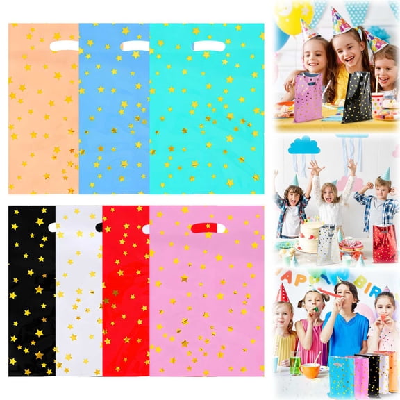 CoreLiving Elegant Black Party Favor Bags with Shiny Gold Foil Stars, Sturdy Plastic Gift Wrap Bags with Die-Cut Handles for Birthdays, Weddings & Halloween Treats
