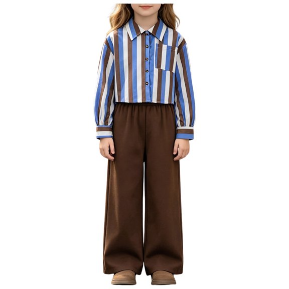Back To School Outfits Girl's 2 Piece Outfit Striped Button Down Shirt Blouse and Wide Leg Pants Set