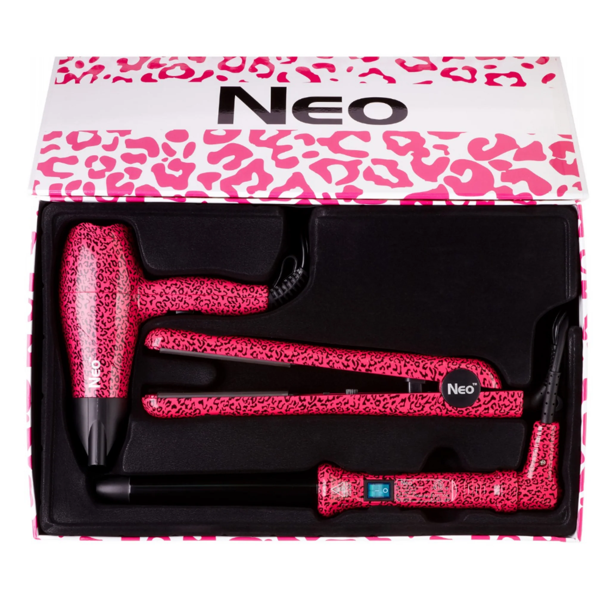The Neo Choice 3 pcs Trio Complete Full Set with 1.25 Inch Hair Straightener + 18-25mm Curling Iron + Mini Hair Dryer (Pink Leopard)