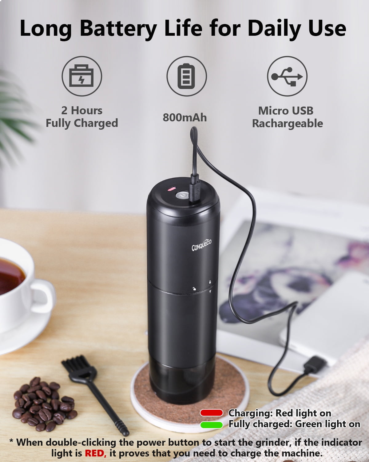 CONQUECO CGM 01 Portable Electric Burr Coffee Grinder: Conqueco Small Coffee  Bean Grinding Machine - Rechargeable Stainless Conical Burr Grinder