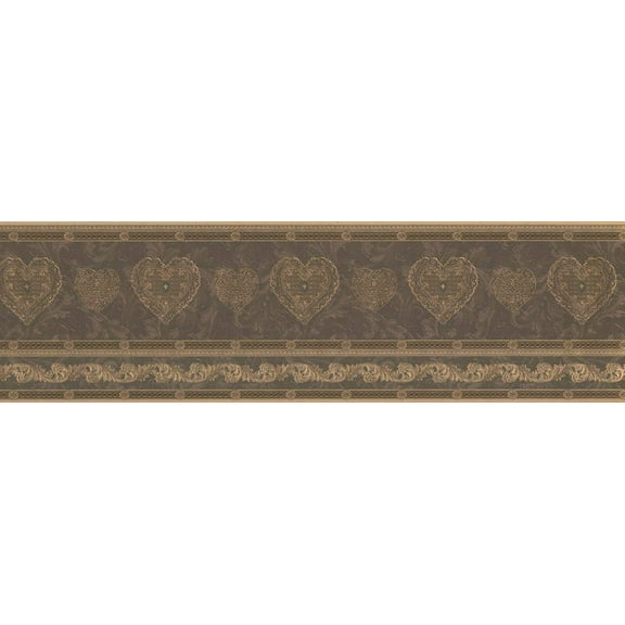 Concord Wallcoverings Vintage Wallpaper Border Featuring Ornamental Hearts on a Dark Brown Background with Damask Vine on The Bottom, Size 6.75 Inches by 15 Feet 57816