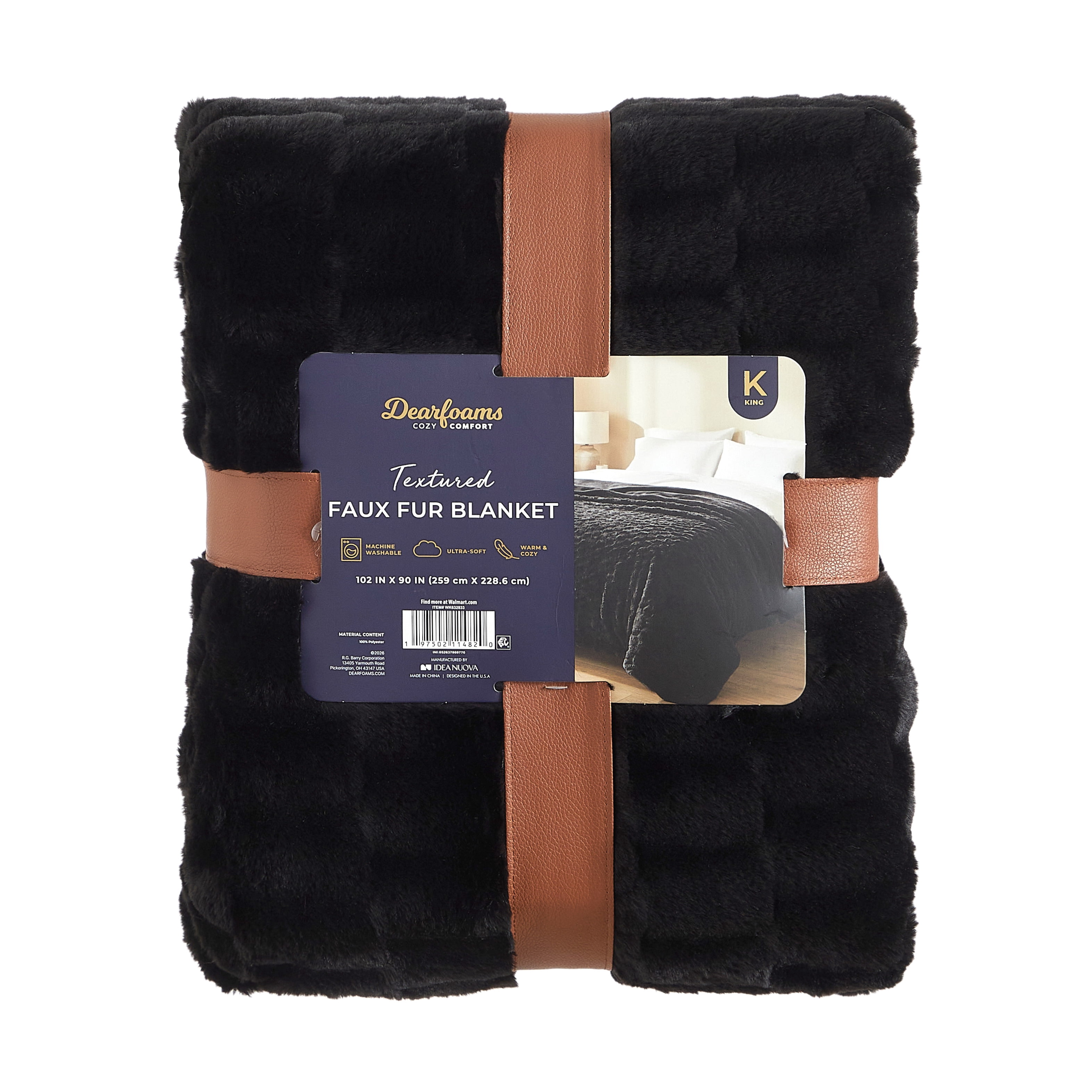 Dearfoams Textured Faux Fur Reversible Mink Bed Blanket, Black, King, 102 x 90 in