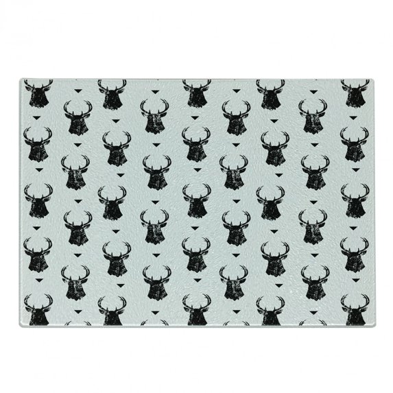 Deer Cutting Board, Monochrome Animal Silhouettes and Triangles Ornamental Pattern Nature Illustration, Decorative Tempered Glass Cutting and Serving Board, Small Size, Black White, by Ambesonne