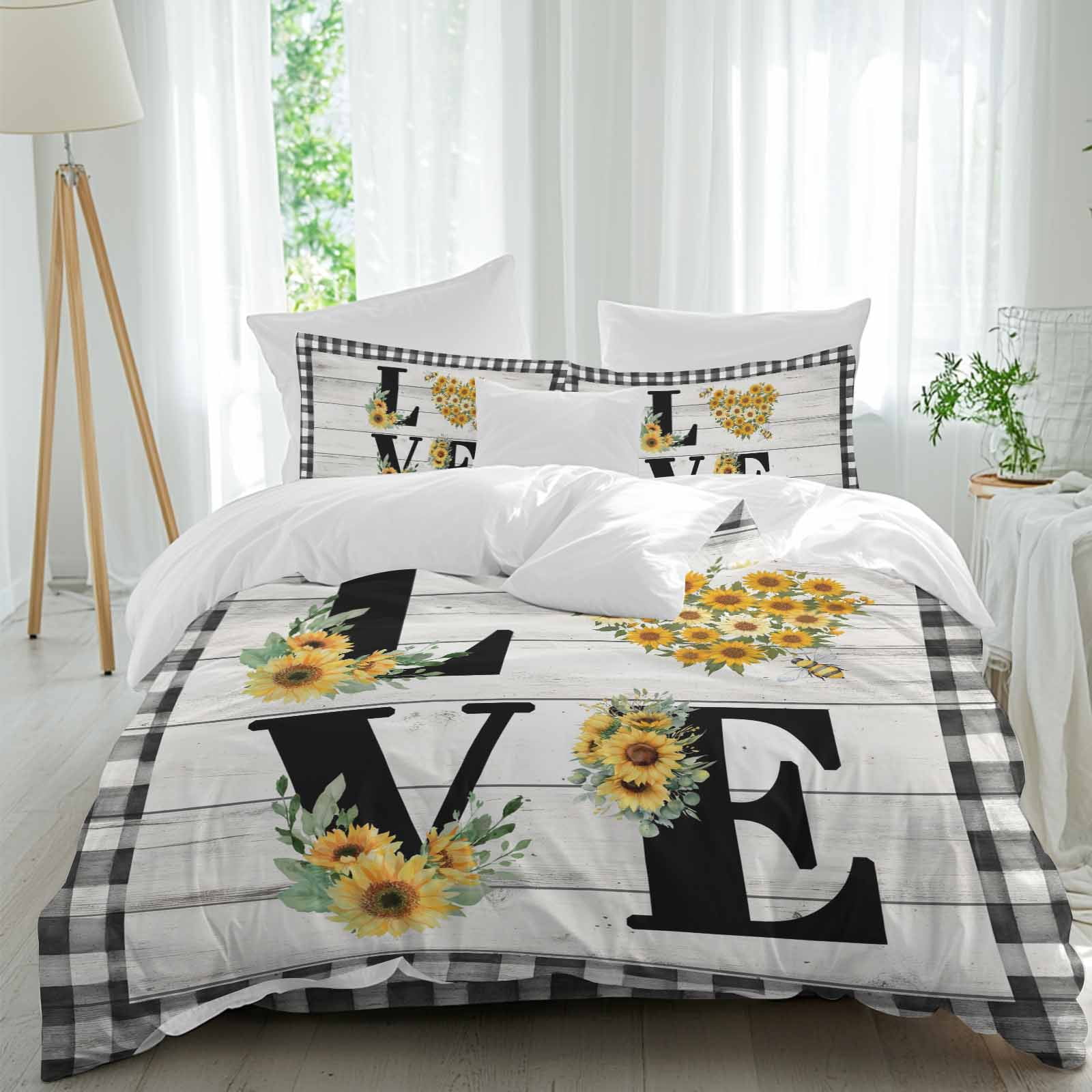 LOVE Comforter Set Twin Size Summer Flowers Yellow Sunflowers Romantic Love Heart Soft Bedding Set for Man Woman 4 Pieces Duvet Cover Set with Fitted Sheet 2 Pillowcases