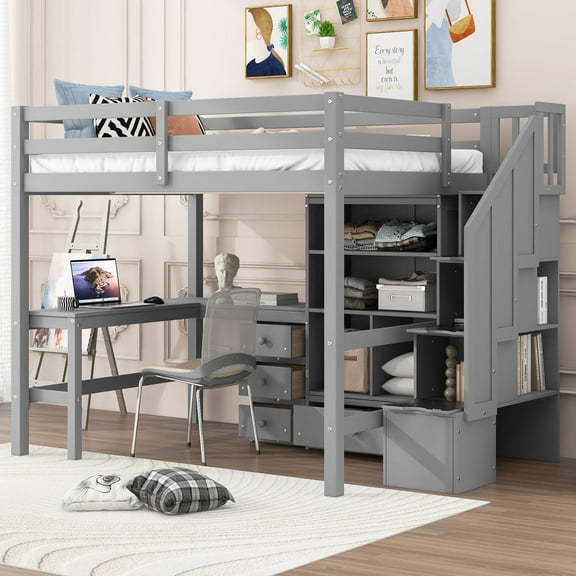 Full Size Solid and Stable Loft Bed with L-Shaped Desk and Drawers, Cabinet and Storage Staircase (Gray)