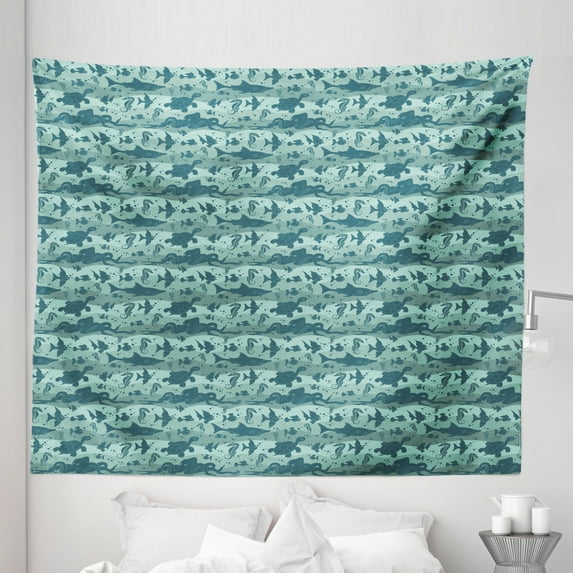 Underwater Tapestry, Sea Waves Background with Sea Life Theme Creatures, Fabric Wall Hanging Decor for Bedroom Living Room Dorm, 5 Sizes, Sage Green Slate Blue, by Ambesonne