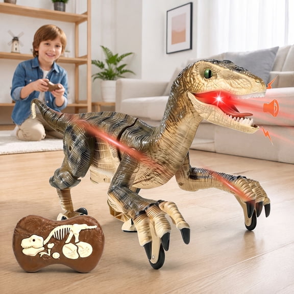 Sunforu Remote Control Walking Dinosaur Toy with Roaring Sound and LED Lights–Realistic Interactive Robot Model for Kids Aged 6 Ideal Gift for Birthday or Christmas