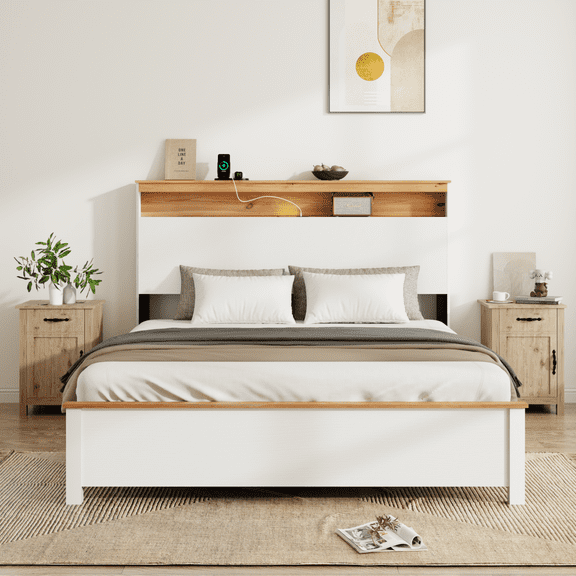 Queen Size Bed Frame with Built-in Charging Station and LED light, Rustic Farmhouse Bed Frame with Storage Headboard, Wood Bed Frame for Bedroom Apartment, Antique White