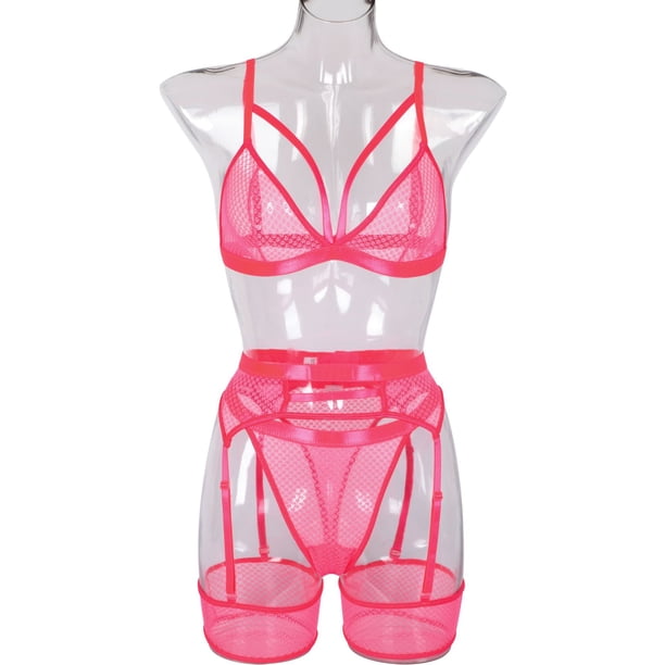 Conjunto de tres piezas divertido para mujer, de encaje suave y cómodo, de malla con perspectiva para mujer, estilo europeo y americano