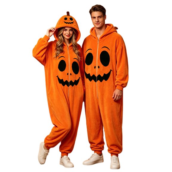 Curuila Halloween Adult Jumpsuit Zip Up Hallowmas Pumpkin Hooded Flannel Pajamas For Women And Men Party Comfort Loungewear Jumpsuit Size L