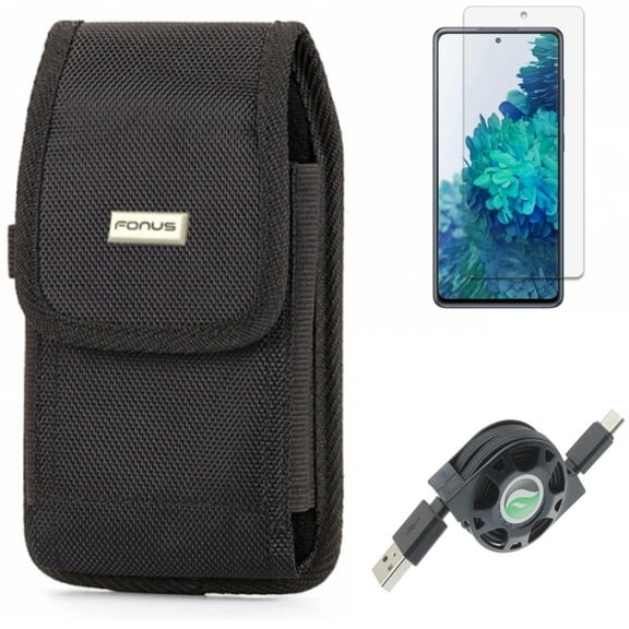 USB Cable & Screen Protector & Case Belt Clip for Samsung Galaxy S20 Fan Edition - Retractable Type-C   Anti-Glare Tempered Glass   Swivel Holster Combo