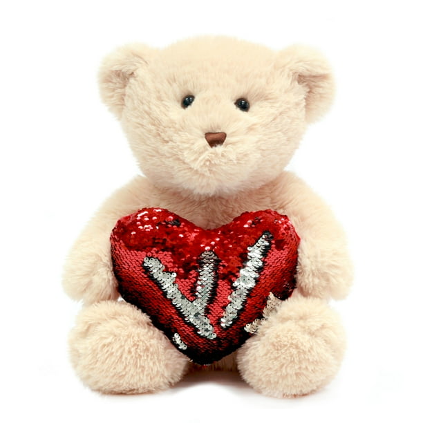 Valentine's day medium ribbon teddy bear plush toy Plush and cuddly valentines day teddy bear with reversible sequin
