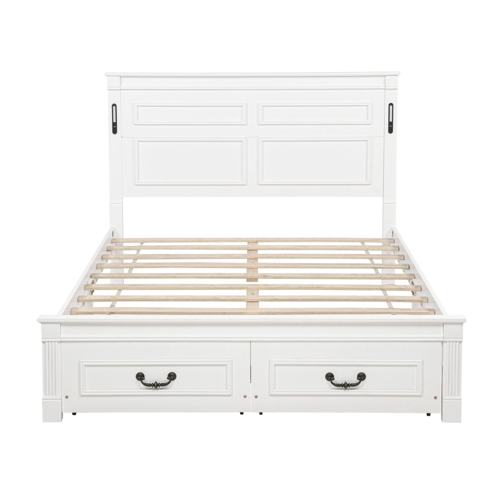 Aukfa Queen Size Storage Bed Frame with 46" Tall LED Headboard, USB & Type-C Charging Station, Farmhouse Solid Wood Platform Bed with Drawers, White