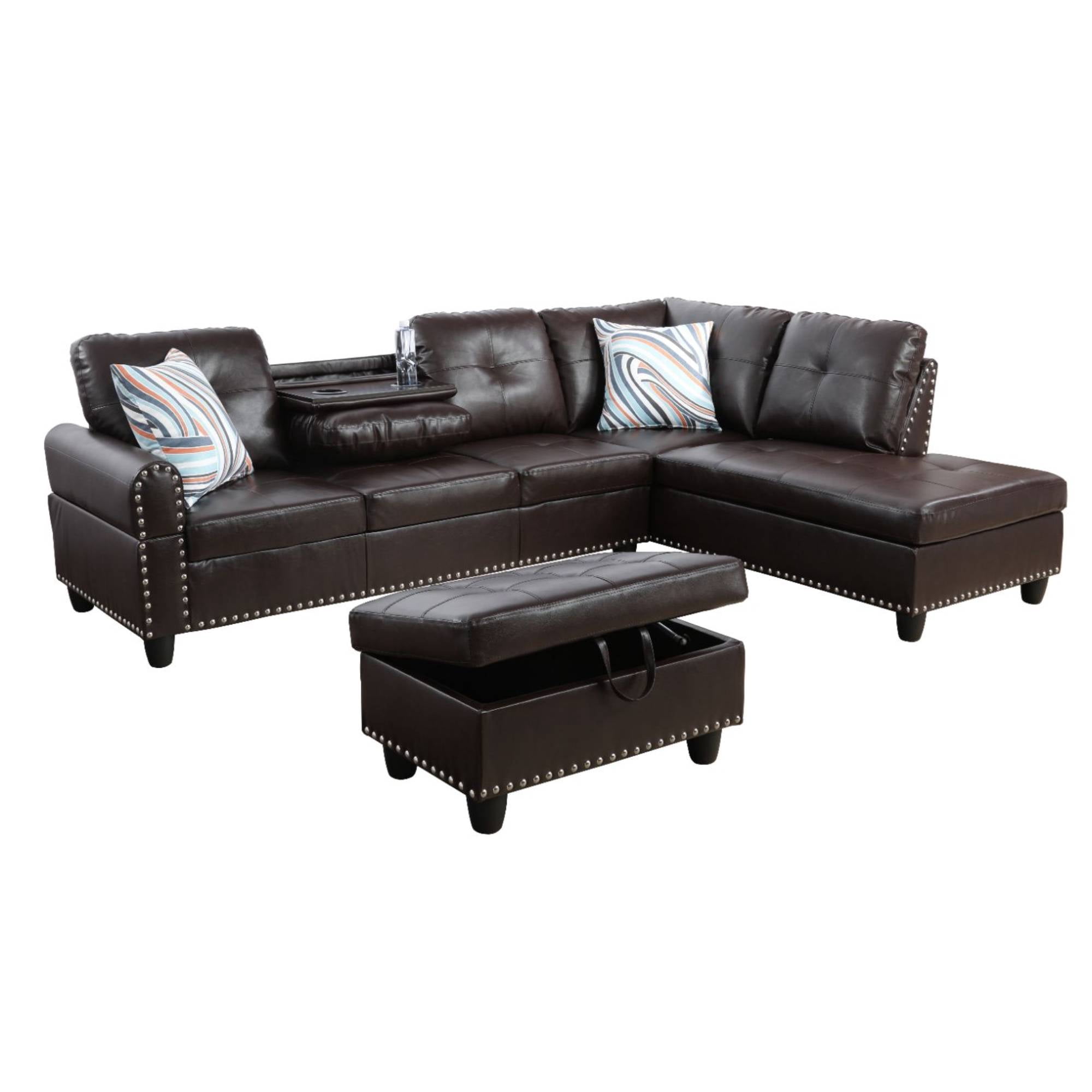 Modern L-Shaped Sectional Sofa Set with Left Chaise & Ottoman - Faux Leather Tufted Modular Couch for Living Room, Brown