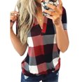thumbnail image 4 of T-Shirt Femme Col en V Manches Courtes T-Shirt Femme Imprimé à Carreaux Blouse Décontractée, Rouge, S, 4 of 4