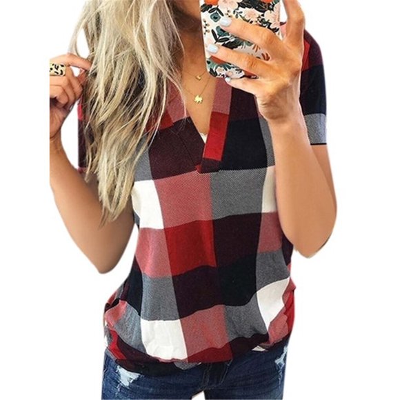 Women T Shirt V Neck Printed Shirt Short Short Sleeve Top Plaid Print Casual Blouse, Red, XXL