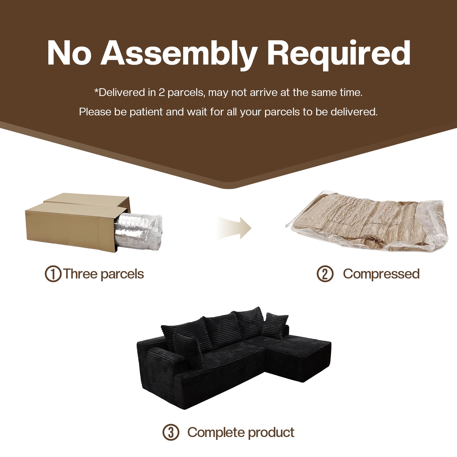 Kelyda 96" Modular L-Shaped Cloud Sofa, Plush Boneless Sectional with Deep Seats Chaise Corduroy Fabric, Black
