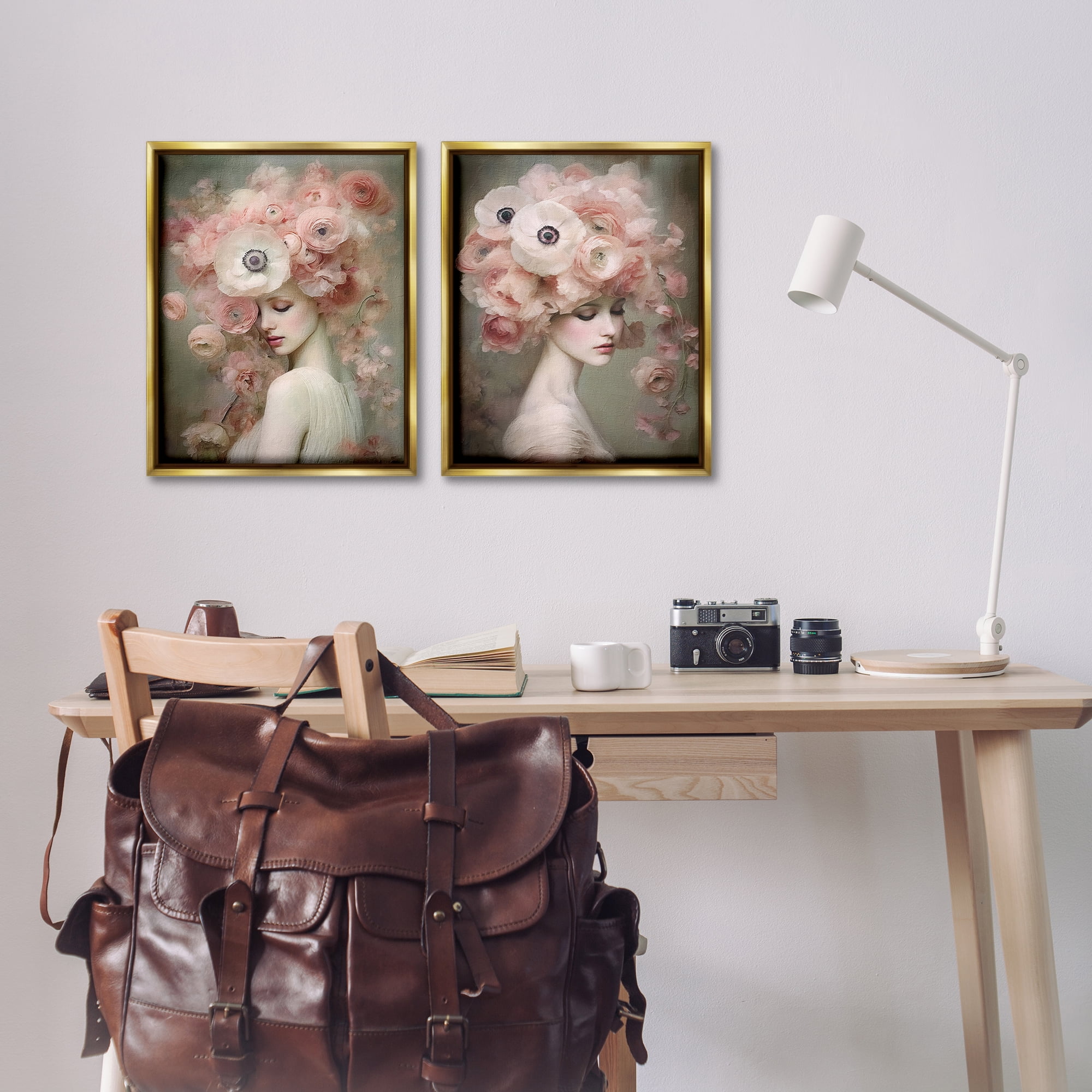 Stupell Industries Coral Blush Female Figure Plants & Flowers Painting Gold Floater Framed Canvas Art Print Wall Art, 17 x 21, Set of 2